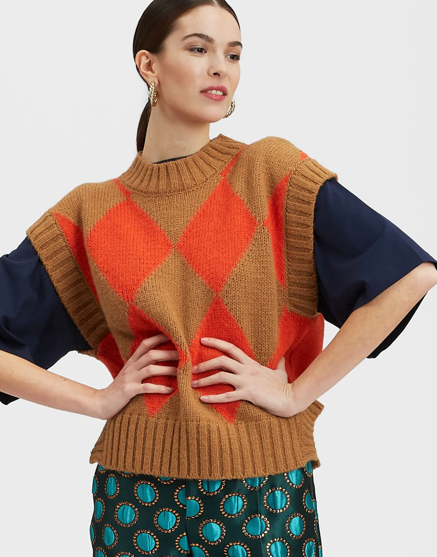 Argyle GiletCamel / Orange in Wool