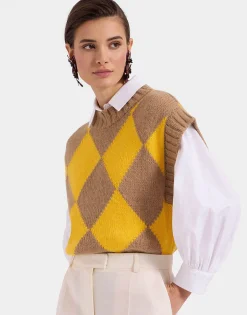 Argyle GiletCamel/Yellow in Wool