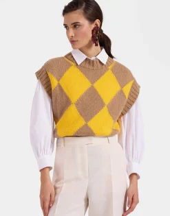 Argyle GiletCamel/Yellow in Wool