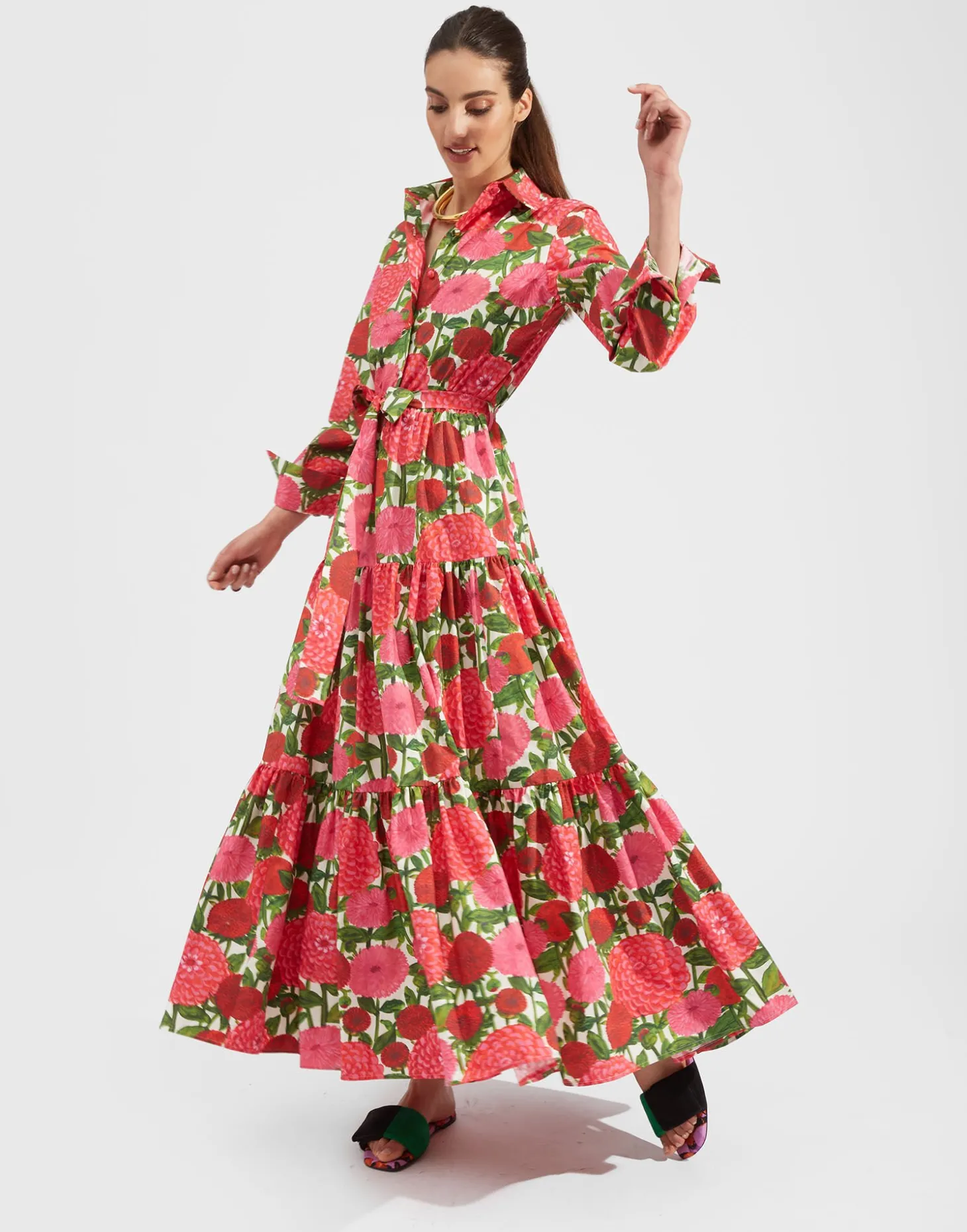 Bellini DressPink Dahlias in Popeline Cotton