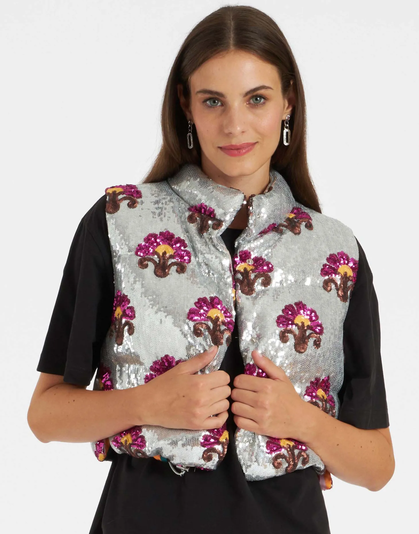 Bonbon Puffer VestSilver in Textured Sequins