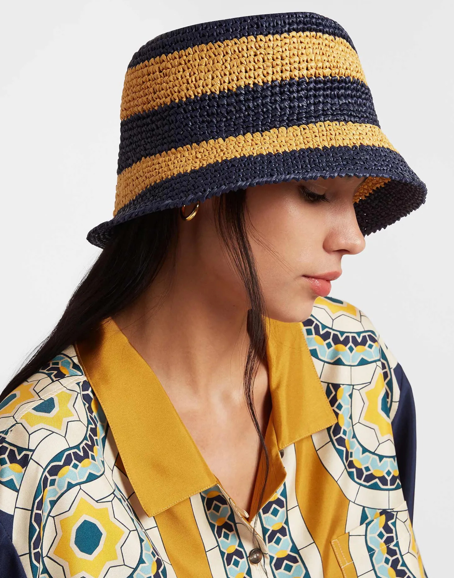Bucket HatColor Block Navy in Raffia Crochet