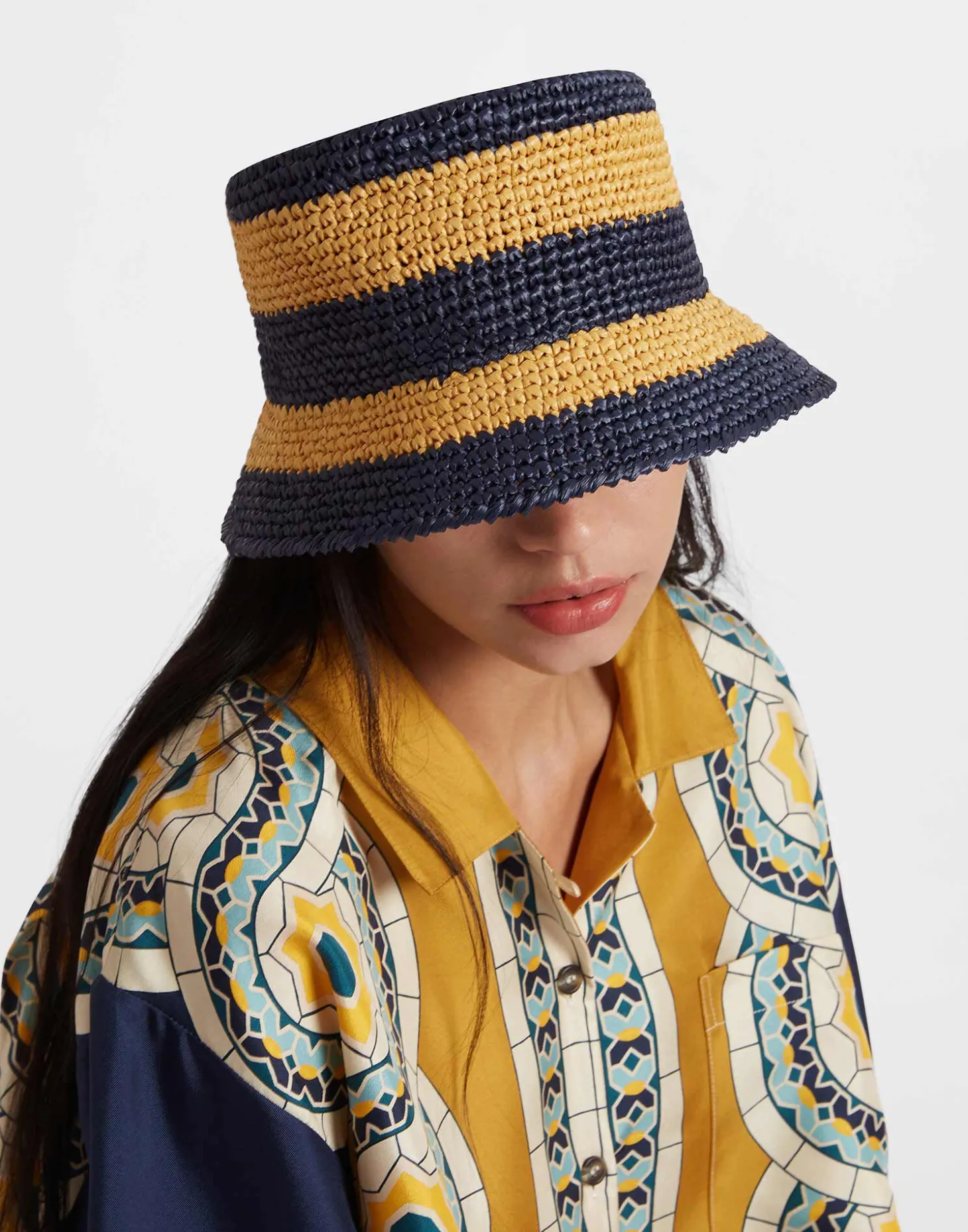 Bucket HatColor Block Navy in Raffia Crochet