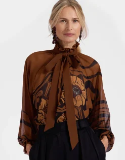 Cerere BlouseBig Blooms Placée Brown in Silk Chiffon