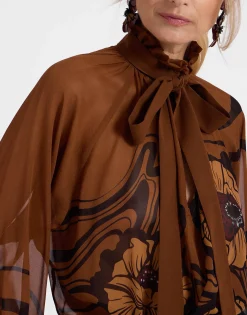Cerere BlouseBig Blooms Plac&eacute;e Brown in Silk Chiffon
