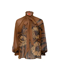 Cerere BlouseBig Blooms Plac&eacute;e Brown in Silk Chiffon