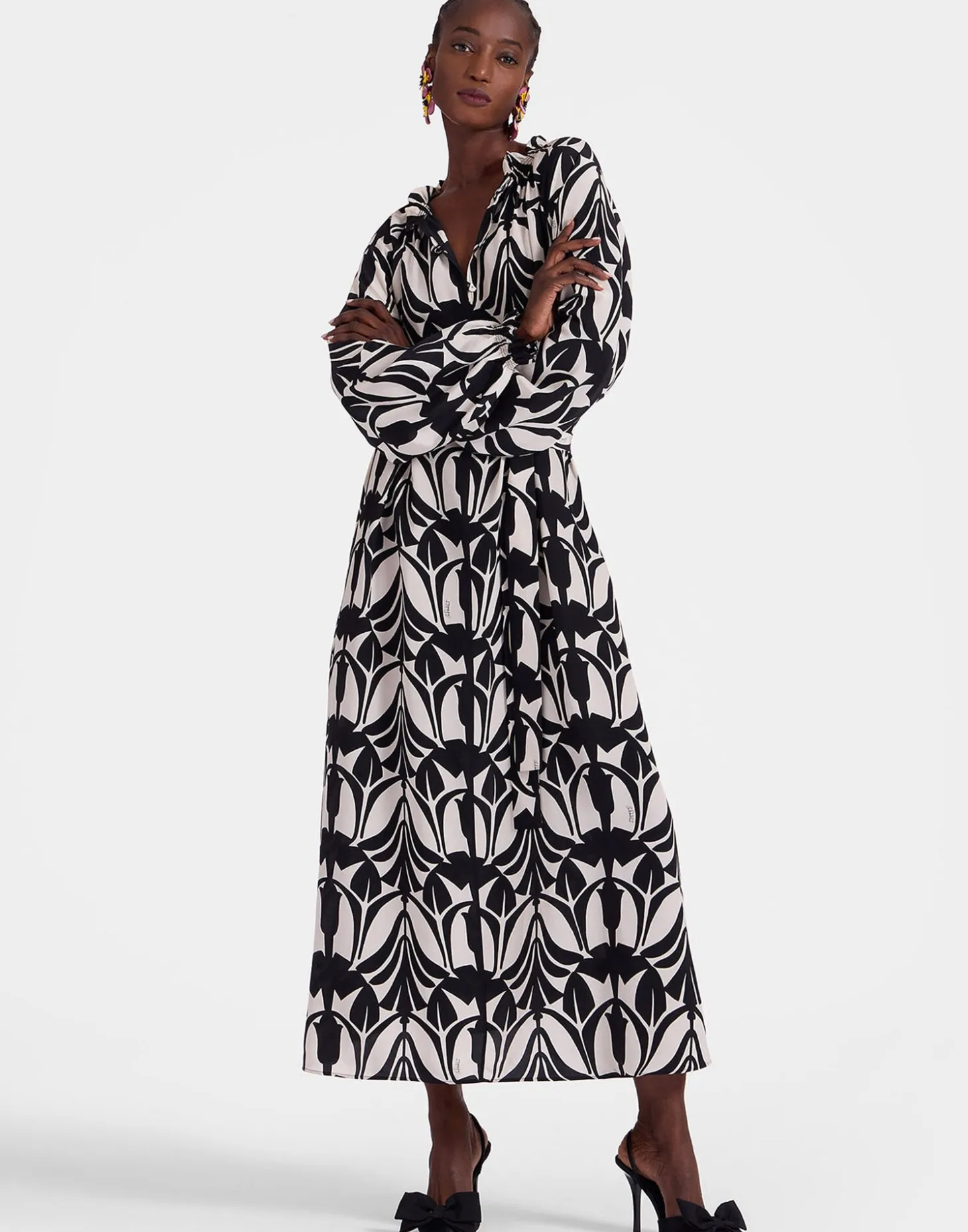 Cerere Shirt DressPapyrus Black & White in Crepe De Chine Silk