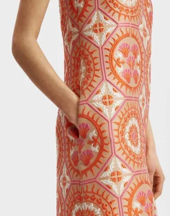 Column DressSun Orange in Jacquard With Feathers