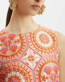 Column DressSun Orange in Jacquard With Feathers