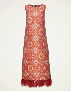 Column DressSun Orange in Jacquard With Feathers