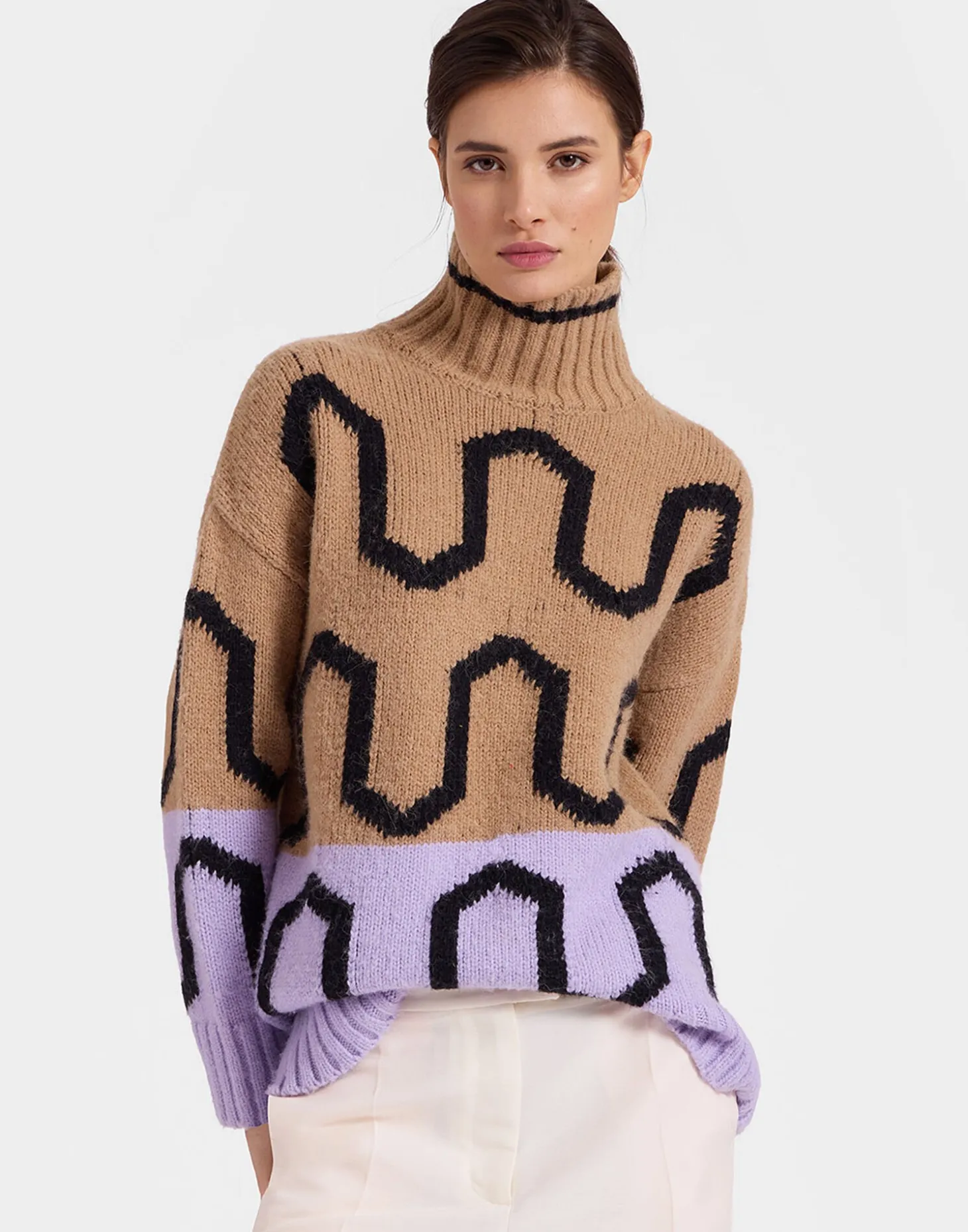 Comber TurtleneckCamel & Lilac in Wool