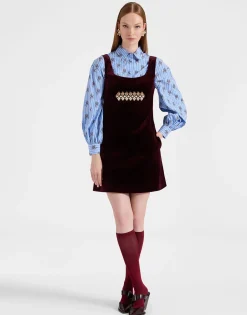 Ella Mini DressSolid Burgundy in Cotton Velvet Embroidered