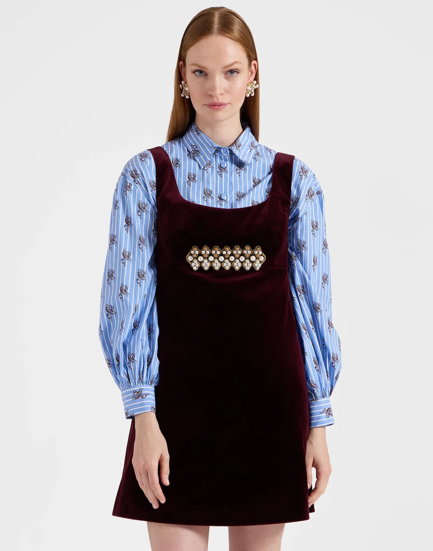 Ella Mini DressSolid Burgundy in Cotton Velvet Embroidered