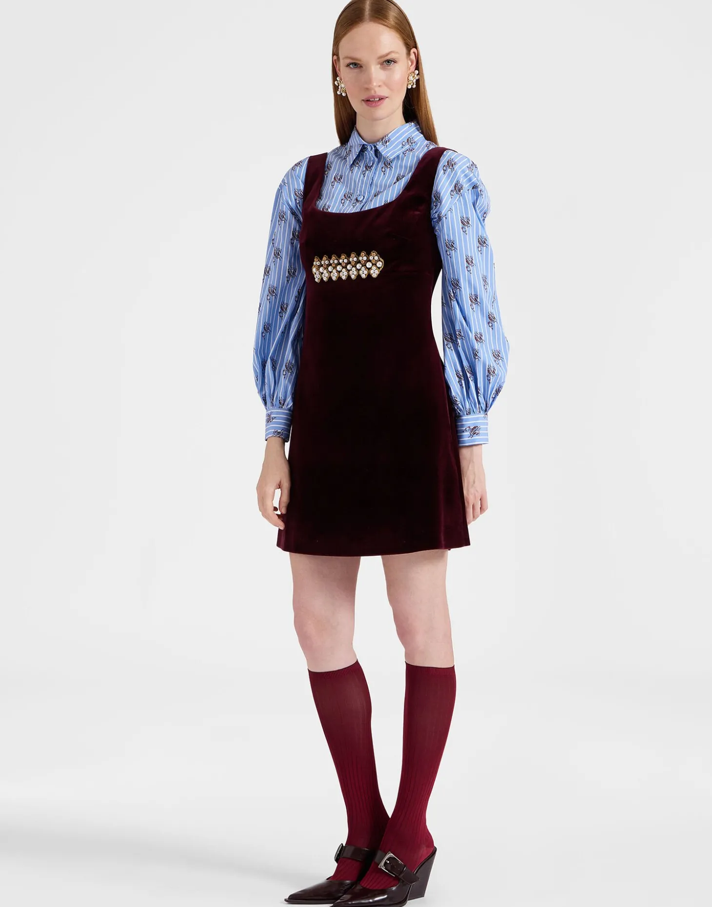 Ella Mini DressSolid Burgundy in Cotton Velvet Embroidered