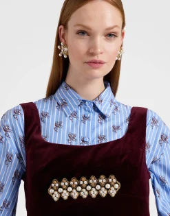 Ella Mini DressSolid Burgundy in Cotton Velvet Embroidered