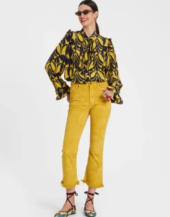 Fancy Crop JeansSicomore Yellow in Laser-Printed Denim With Fringe