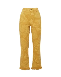 Fancy Crop JeansSicomore Yellow in Laser-Printed Denim With Fringe
