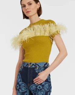 High Kick TeeLime in Ribbed Silk Cashmere With Feathers