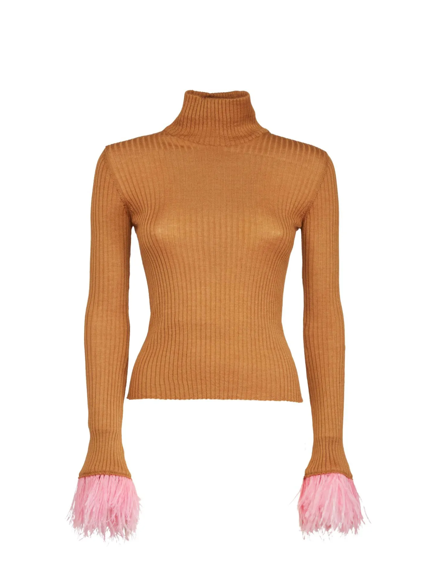 High Kick TopCamel in Ribbed Silk Cashmere With Feathers