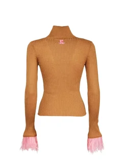 High Kick TopCamel in Ribbed Silk Cashmere With Feathers