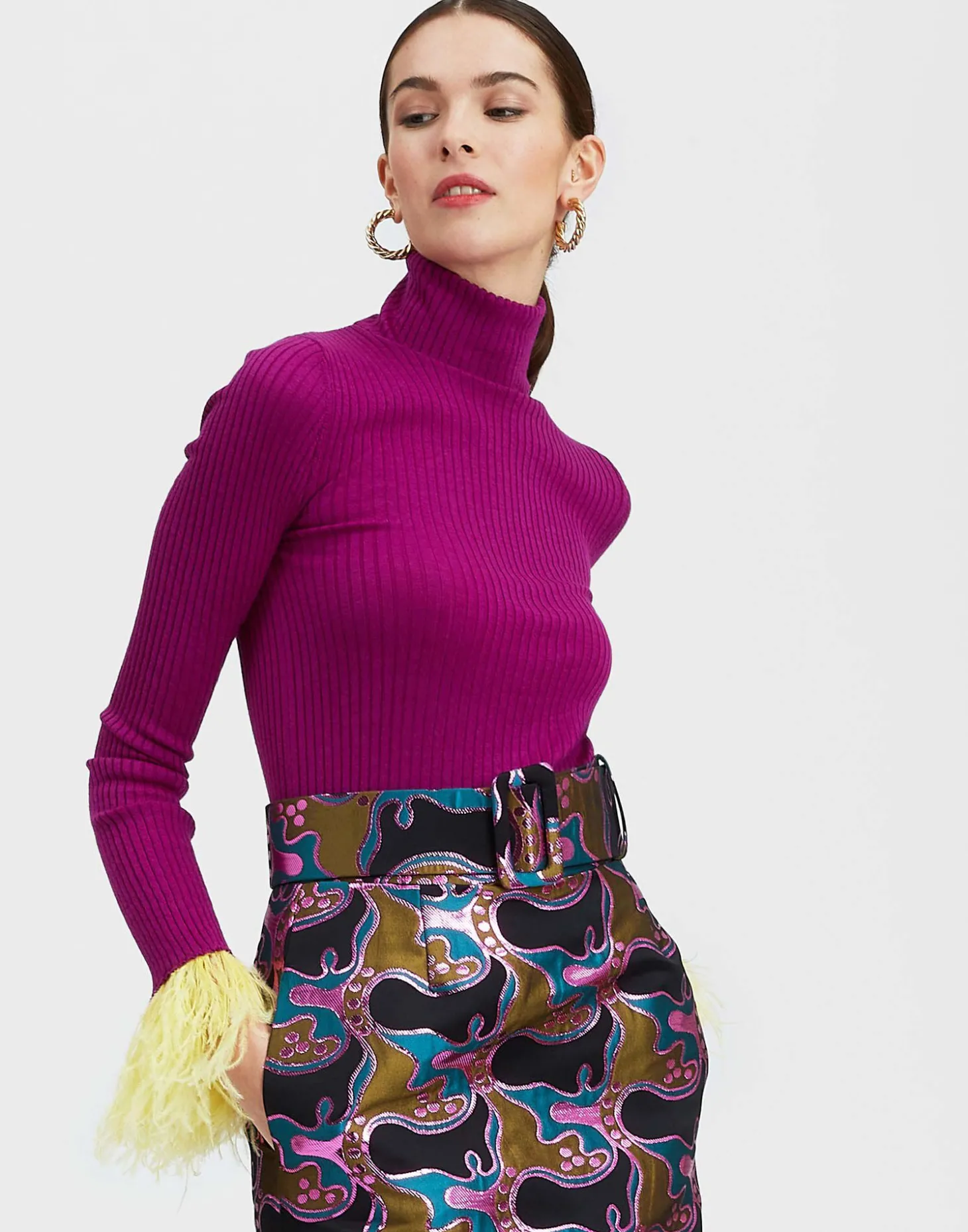 High Kick TopPurple in Ribbed Silk Cashmere With Feathers