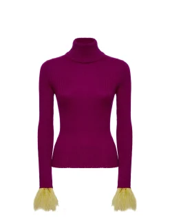 High Kick TopPurple in Ribbed Silk Cashmere With Feathers