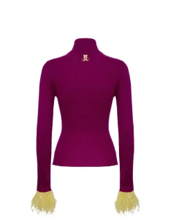 High Kick TopPurple in Ribbed Silk Cashmere With Feathers