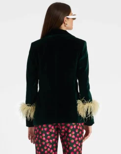 Keaton JacketBlue Petrol in Velvet With Feathers