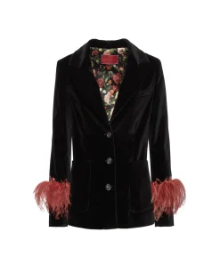 Keaton JacketSolid Black in Cotton Velvet With Feathers
