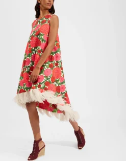 La Scala High Dress (With Feathers)Pink Dahlias in Shot Cotton