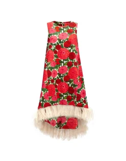 La Scala High Dress (With Feathers)Pink Dahlias in Shot Cotton