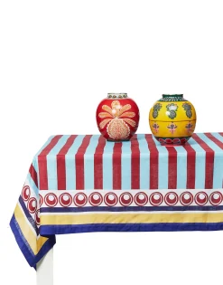 Large Tablecloth (180x350)Riga Bordeaux - Azzurro (Placée) in Linen