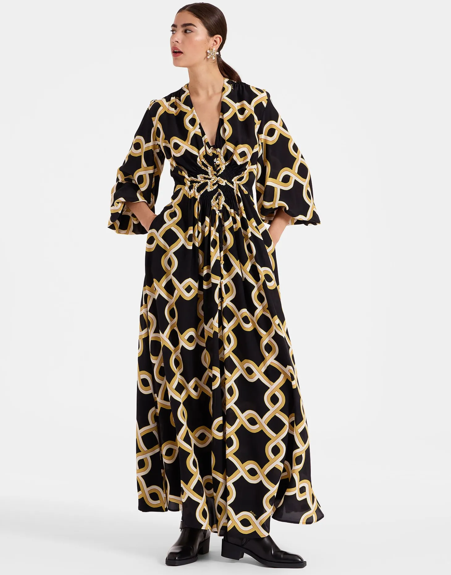 Long Camerino DressTackle Black in Crepe De Chine Silk