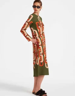 Long Sleeve Midi Swing DressPrometheus Plac&eacute;e Camouflage in Sabl&eacute;