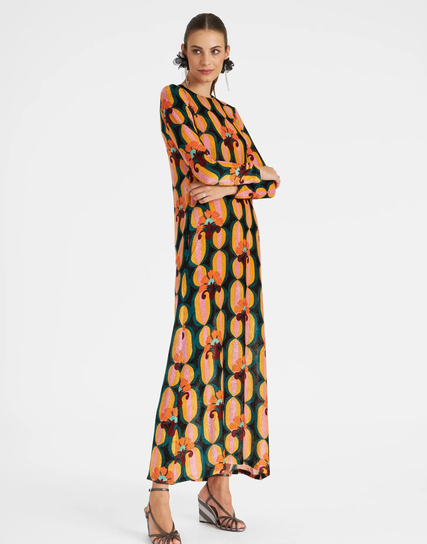 Long Sleeve Swing DressArcturus Blue Petrol in Velvet Devoré