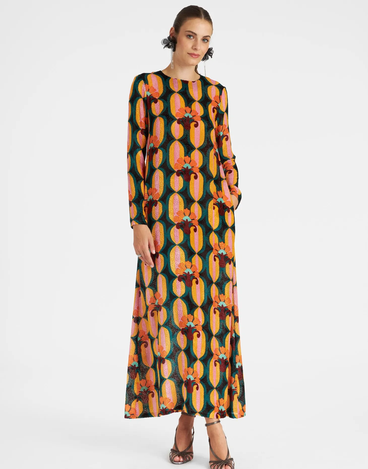 Long Sleeve Swing DressArcturus Blue Petrol in Velvet Devoré