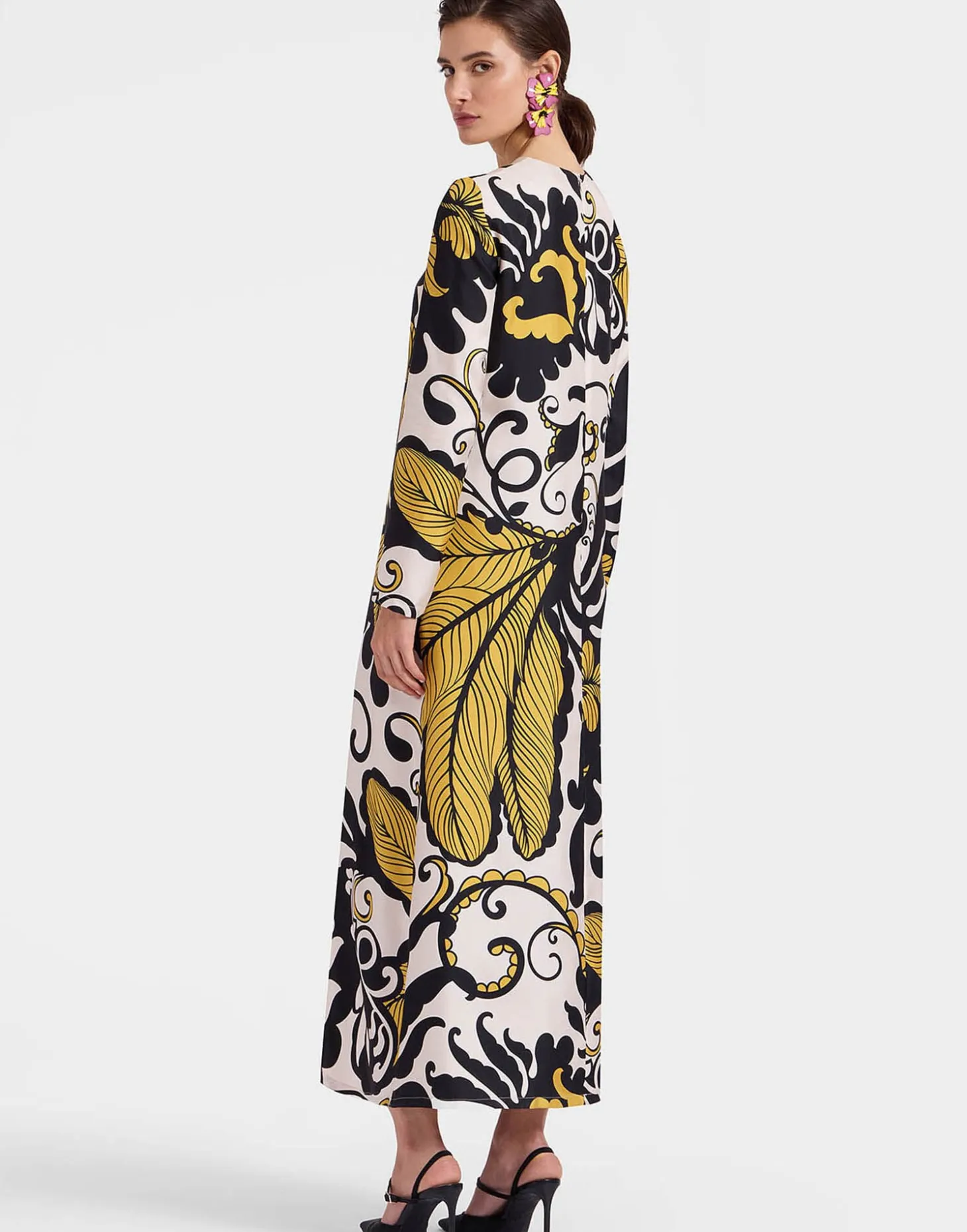 Long Sleeve Swing DressMarea Black & White in Silk Twill