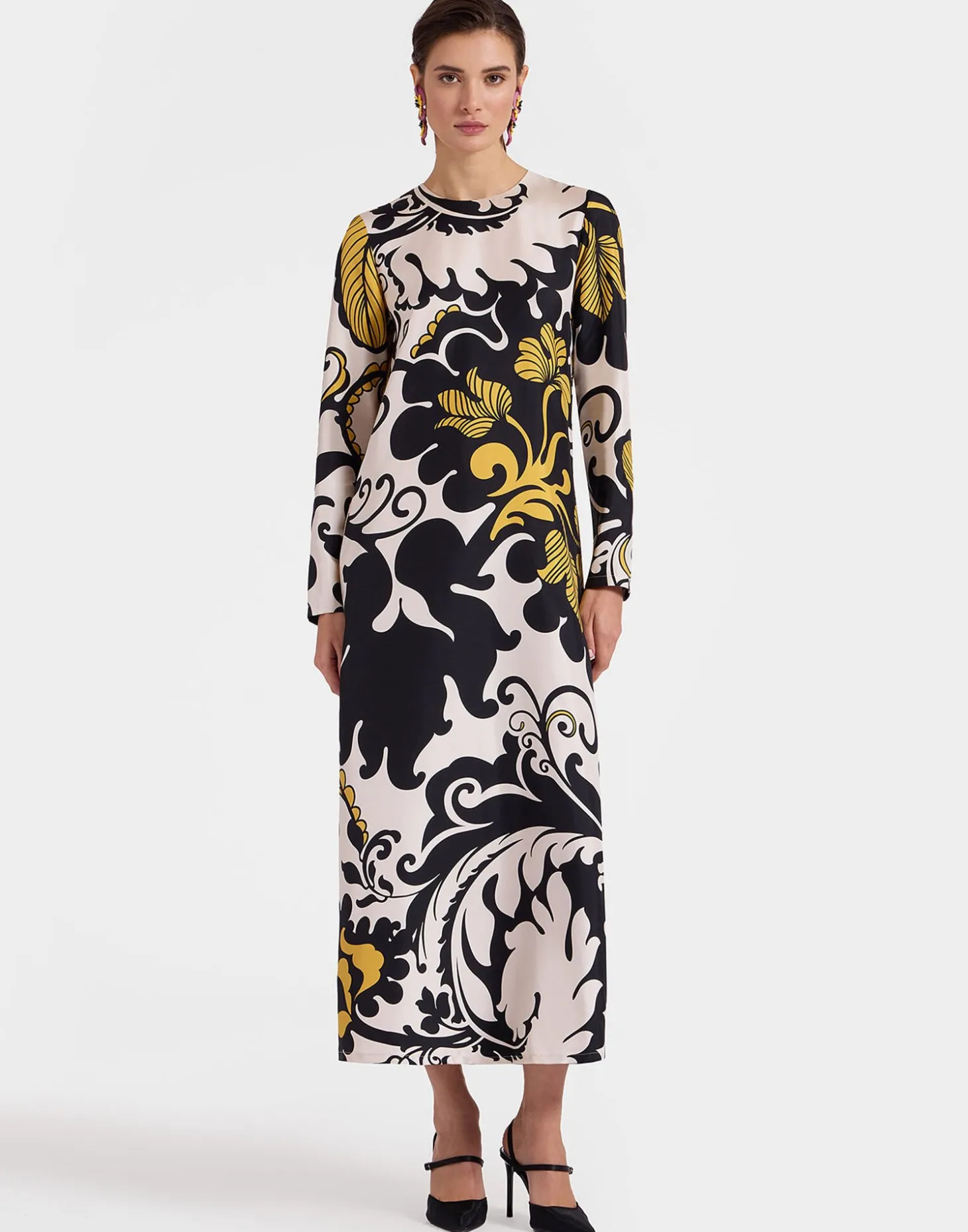 Long Sleeve Swing DressMarea Black & White in Silk Twill