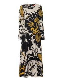 Long Sleeve Swing DressMarea Black & White in Silk Twill