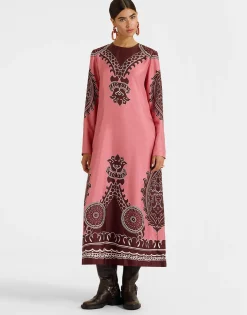 Long Sleeve Swing DressOltrarno Placée Pink in Silk Twill