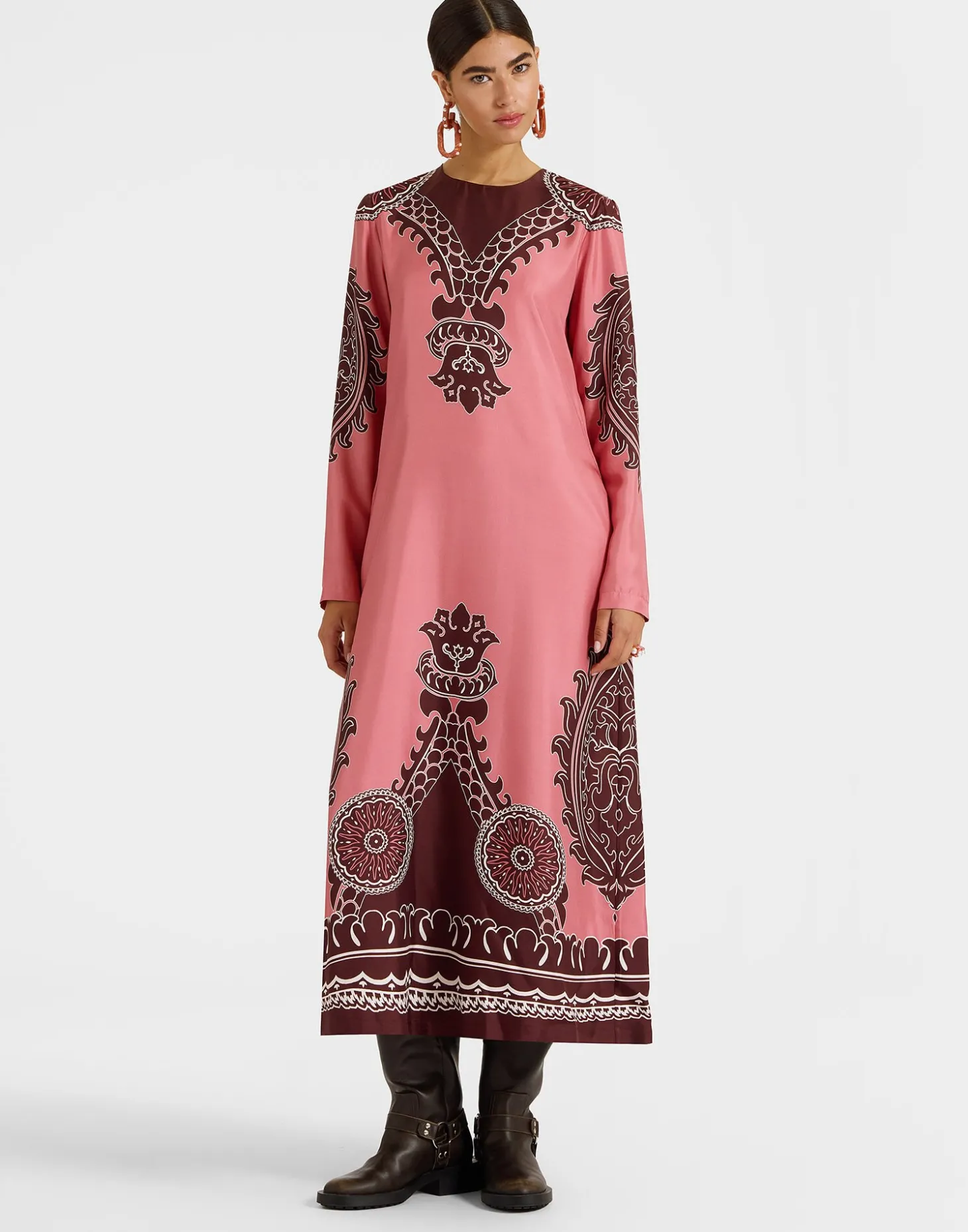 Long Sleeve Swing DressOltrarno Placée Pink in Silk Twill