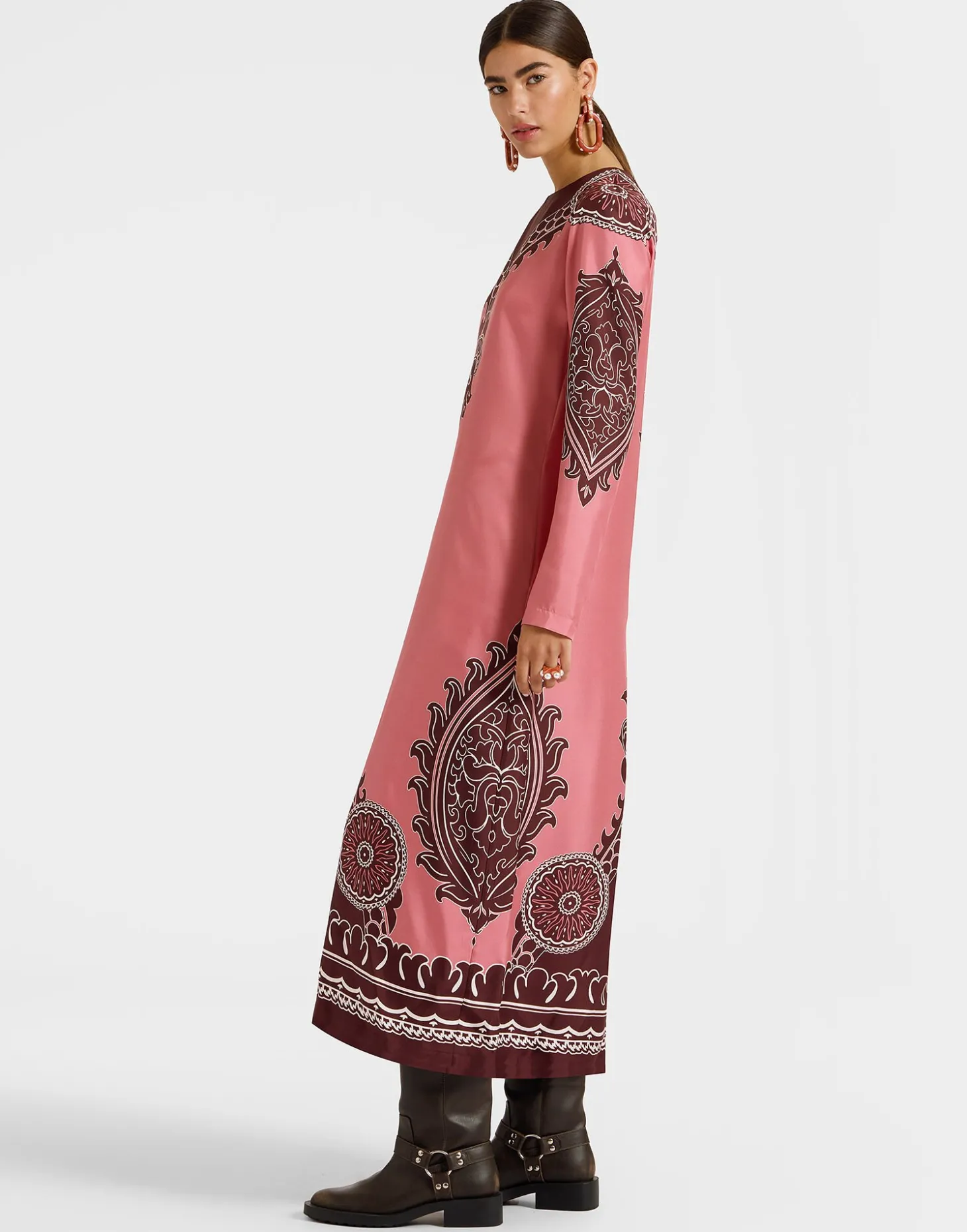 Long Sleeve Swing DressOltrarno Placée Pink in Silk Twill