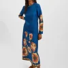Long Sleeve Swing DressPoppies Blue Plac&eacute;e in Twill Silk