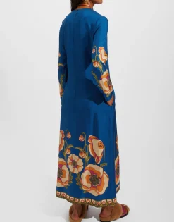 Long Sleeve Swing DressPoppies Blue Plac&eacute;e in Twill Silk