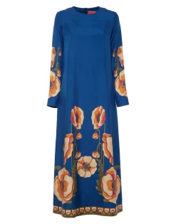 Long Sleeve Swing DressPoppies Blue Plac&eacute;e in Twill Silk