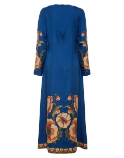 Long Sleeve Swing DressPoppies Blue Plac&eacute;e in Twill Silk