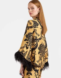 Make An Exit TopCherubs Gold in Silk Twill With Feathers