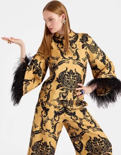 Make An Exit TopCherubs Gold in Silk Twill With Feathers