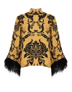 Make An Exit TopCherubs Gold in Silk Twill With Feathers