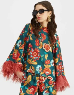 Make An Exit TopHottie Emerald in Silk Twill With Feathers